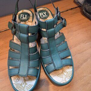 Fly London Ygor Rug Gladiator Sandals Teal Womens Size 39 US 8-8.5  Wedge